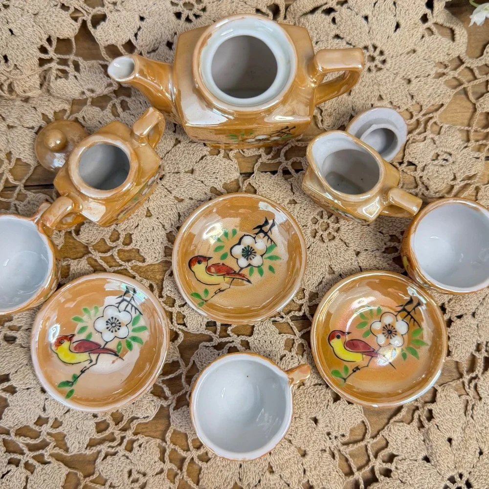 11pc Vintage KA Made in Occupied Japan Lusterware Miniature Tea Set Bird Floral